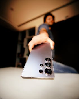 Artistic perspective of a smartphone's camera lens held by a person, emphasizing modern technology.