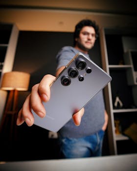 A person showcasing a smartphone with multiple cameras in a stylish room.