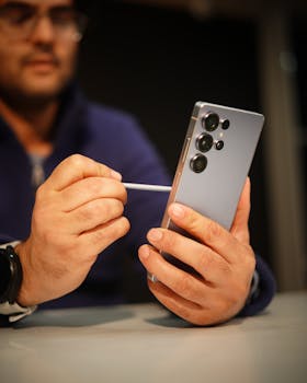 Close-up of a man interacting with a smartphone using a stylus, indoors.