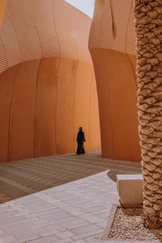 A person walks along modern architectural structures under sunlight in UAE.