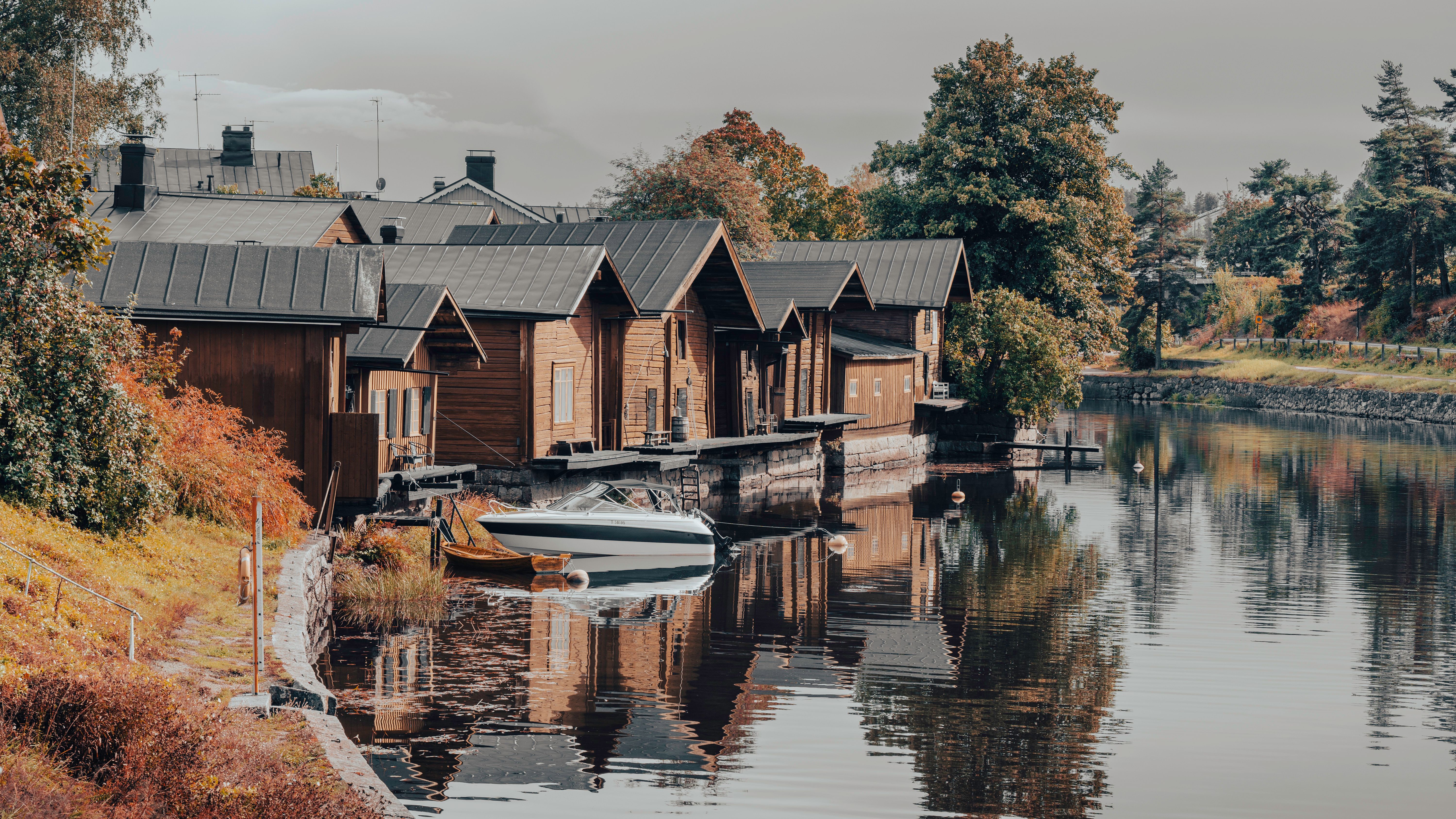 porvoo finland river boats summer wooden jetty old town view waterfront cafe