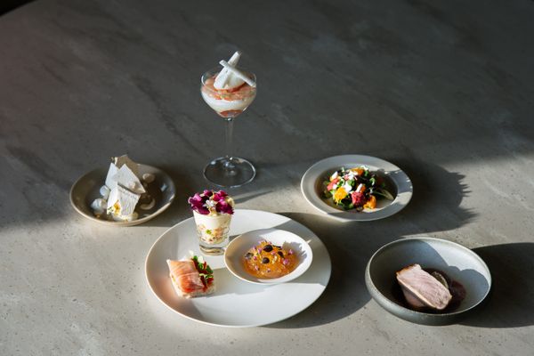 Multiple exquisite small plates on a dark restaurant table at a Michelin-caliber dinner