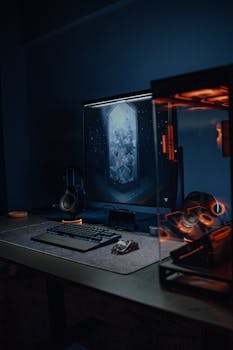 Sleek gaming station with RGB lit PC case and peripherals in a dark room ambiance.