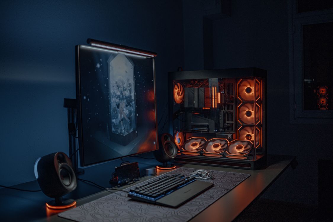 Modern gaming PC setup with monitor and keyboard