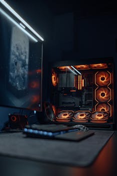 A sleek gaming PC setup with vibrant RGB lighting and a high-resolution monitor.