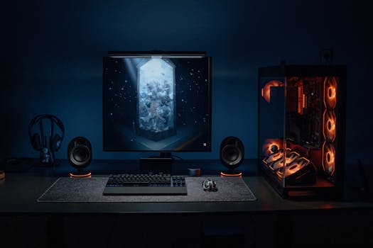 A stylish gaming desk setup featuring RGB lighting and a high-resolution monitor.