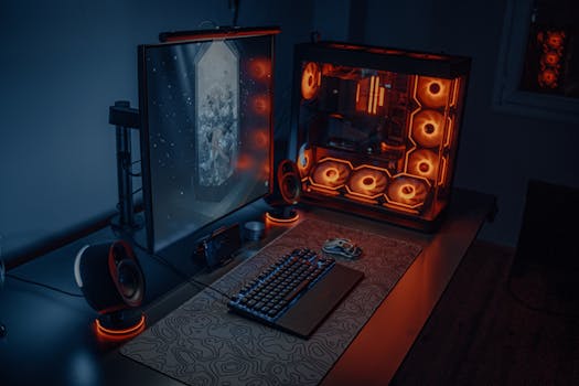 Sleek gaming desk setup featuring RGB lighting, large monitor, and gaming PC with glowing fans.