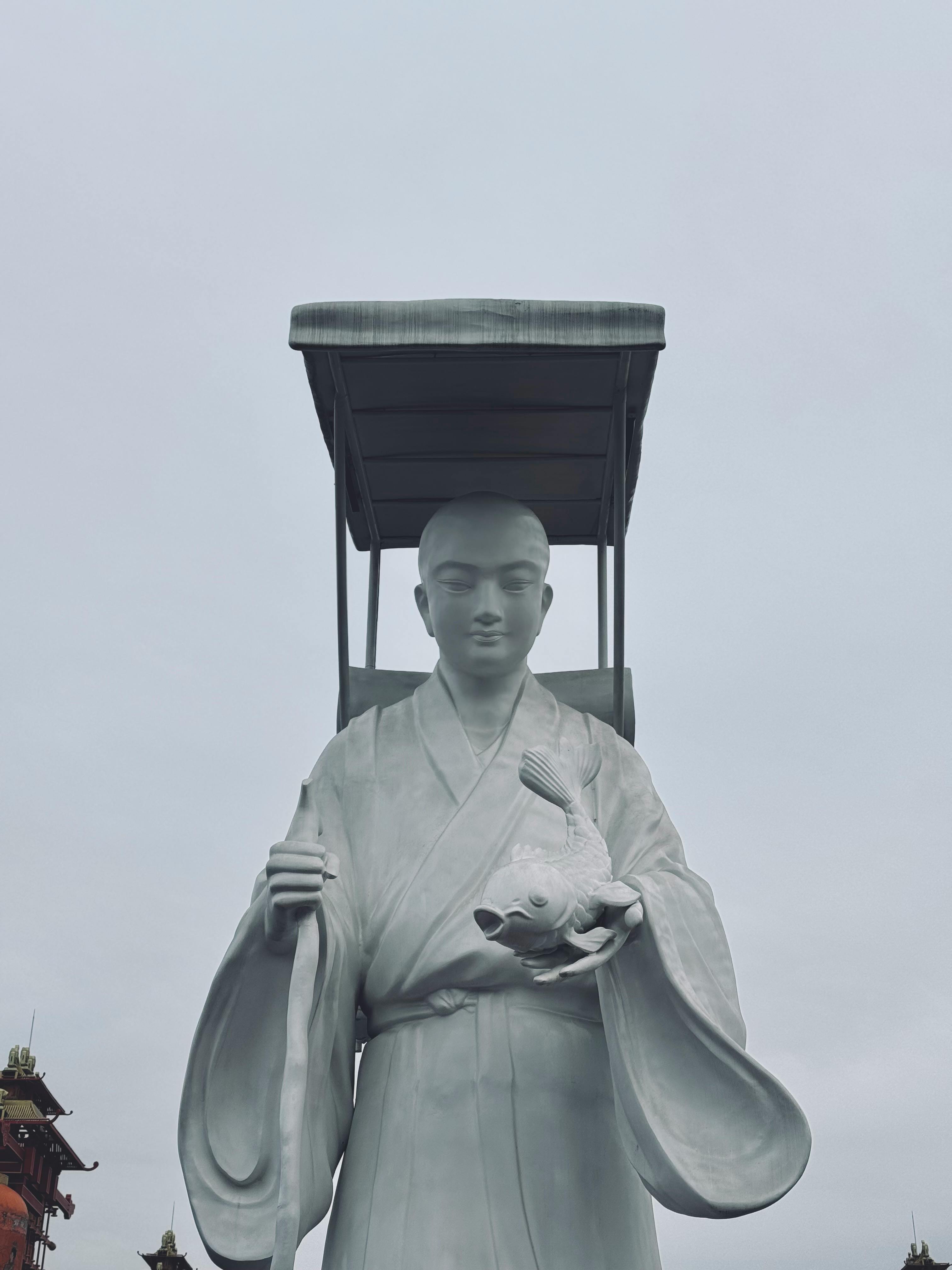 serene buddhist statue amidst overcast skies