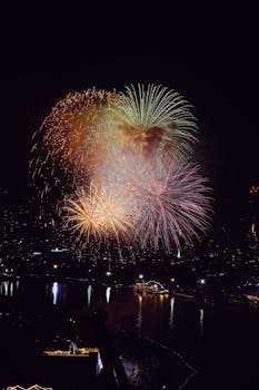 Vibrant fireworks display illuminating the night sky over a bustling cityscape by the river.