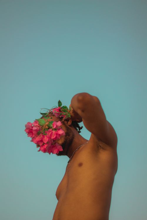 Free Shirtless man with bougainvillea flowers covering face against a clear blue sky. Stock Photo