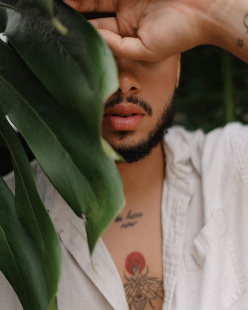 Free A man partially hidden behind lush monstera leaves, creating a serene and intimate mood. Stock Photo
