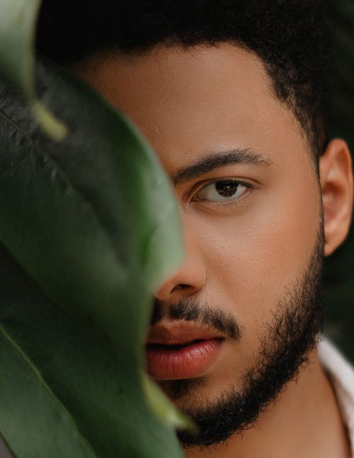 Free Close-up portrait of a man looking through large green leaves, capturing a serene and mysterious mood. Stock Photo