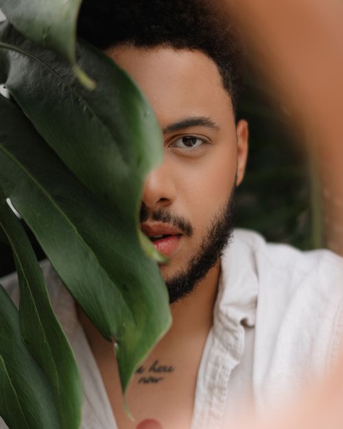Free Close-up portrait of a young man partially hidden by green leaves, creating a natural frame. Stock Photo