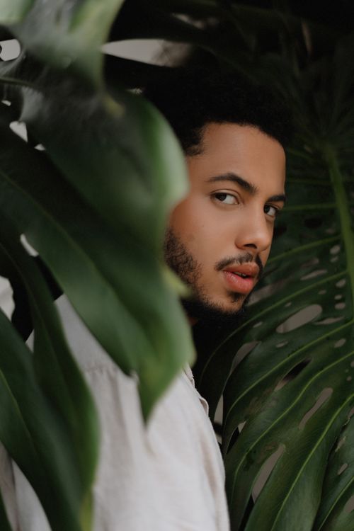 Free Portrait of a man peeking through tropical foliage, displaying a natural and serene ambiance. Stock Photo