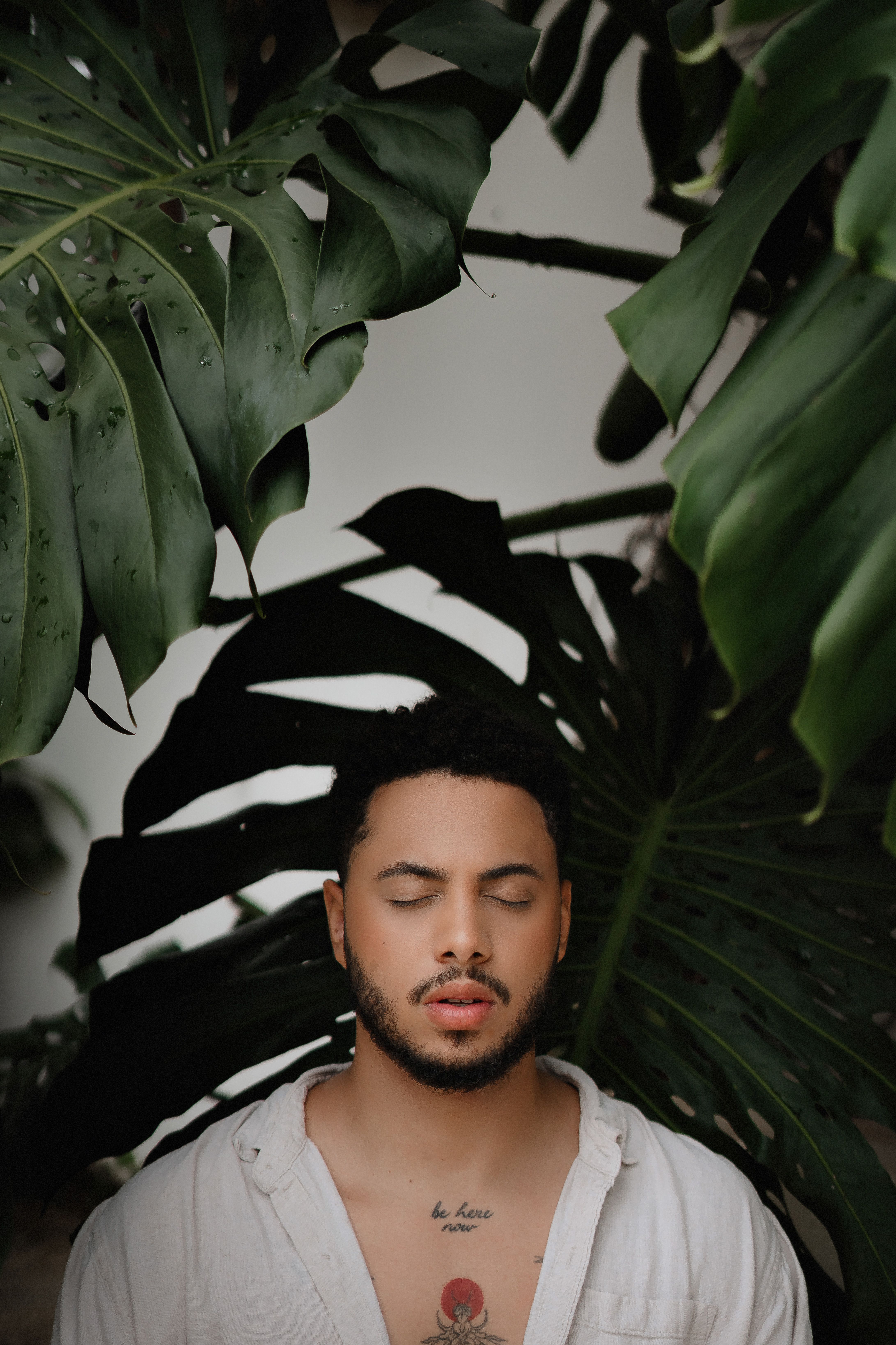 Young man with closed eyes surrounded by lush monstera leaves, creating a serene and natural ambiance.