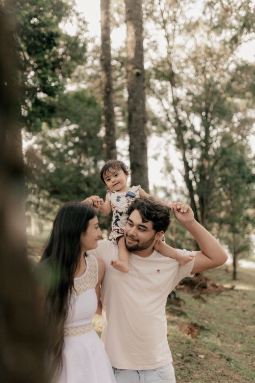 Free A family enjoying a leisurely walk in a forest with tall trees and soft light. Stock Photo