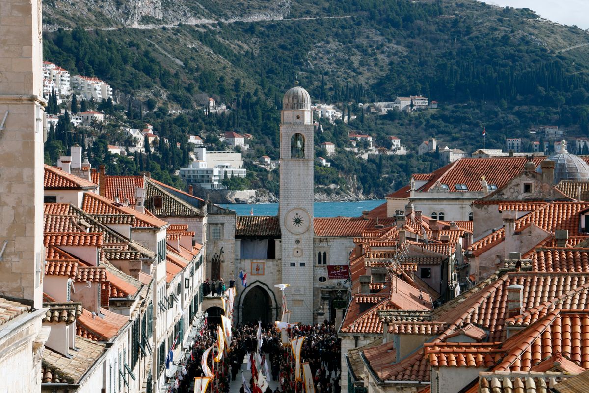 Dubrovnik bell tower from the city walls with rooftop view