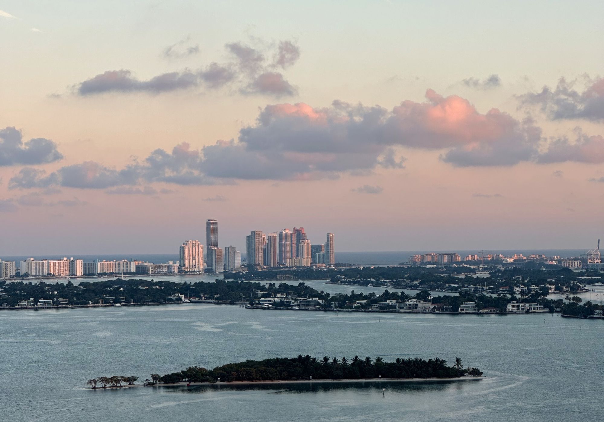 Miami skyline and waterfront at sunset