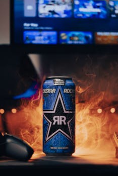 Energetic image of a Rockstar energy drink can amidst smoky effects, evoking a vibrant gaming atmosphere.