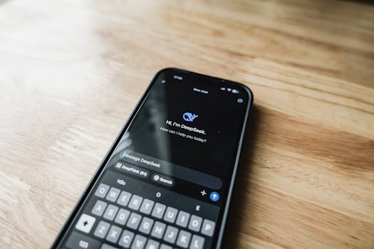 A smartphone displaying an AI chat interface, DeepSeek, on a wooden table.