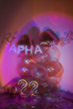 A colorful arrangement of balloons with neon light effects creating a festive atmosphere.