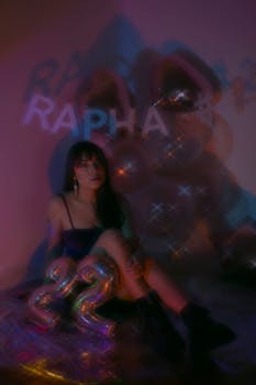 Young woman celebrates birthday with moody balloons and vibrant lights.