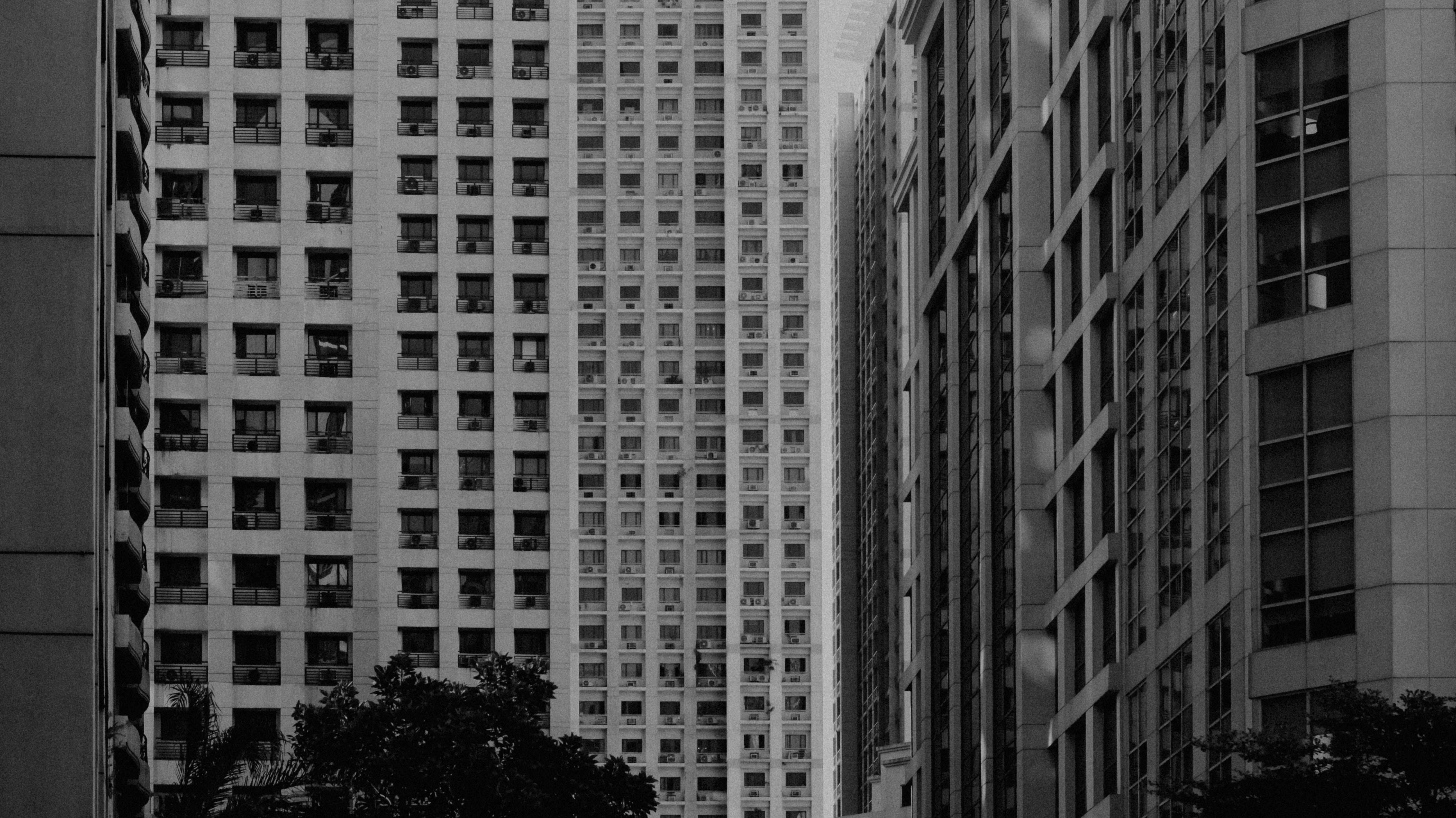 Monochrome view of high-rise buildings in Quezon City, Metro Manila.