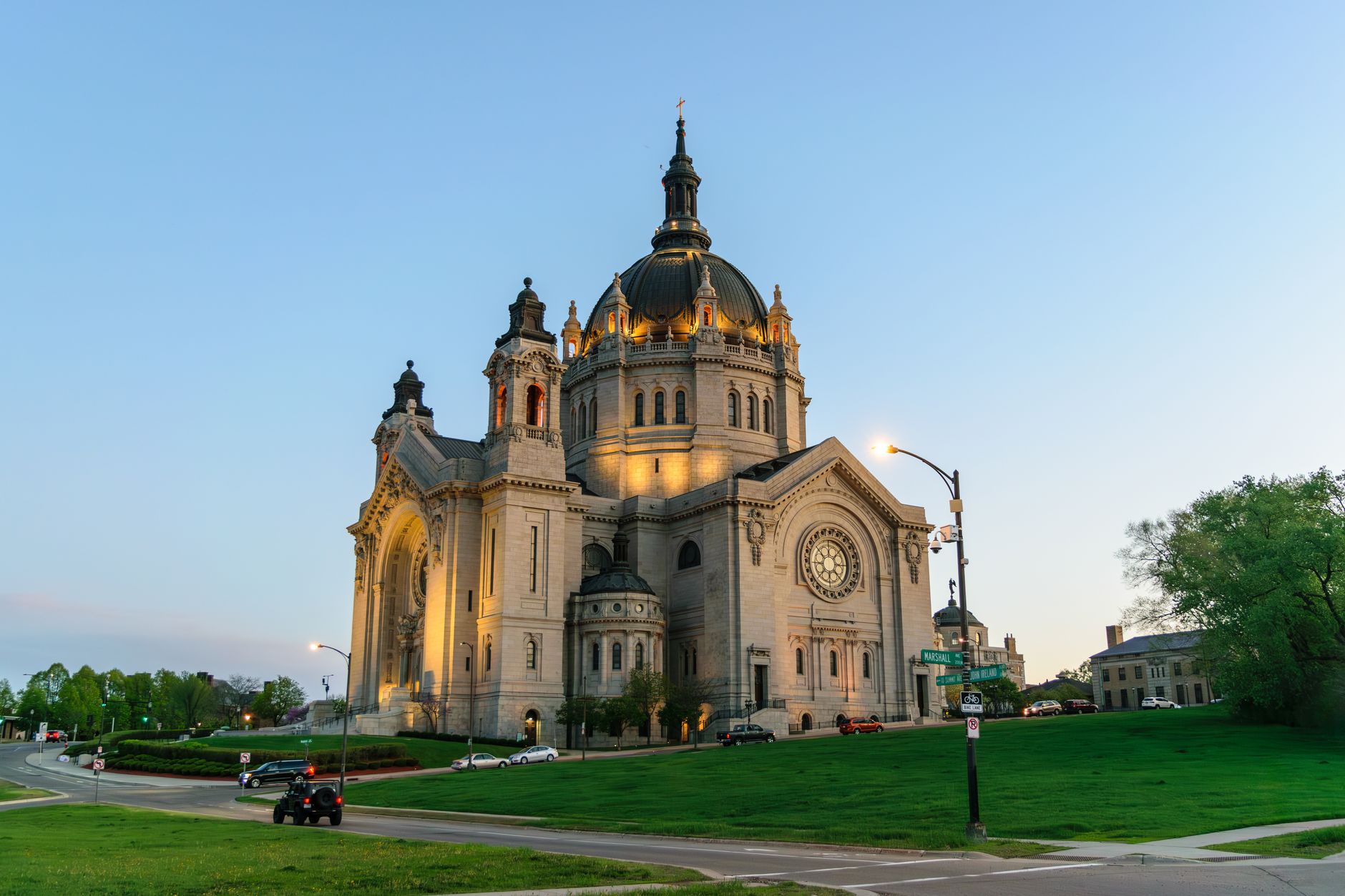 Beautiful evening view of the Cathedral of Saint Paul in Minnesota, architecturally lit.