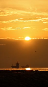Captivating sunrise over the ocean with ships silhouetted against the golden horizon. Tranquil maritime scene.