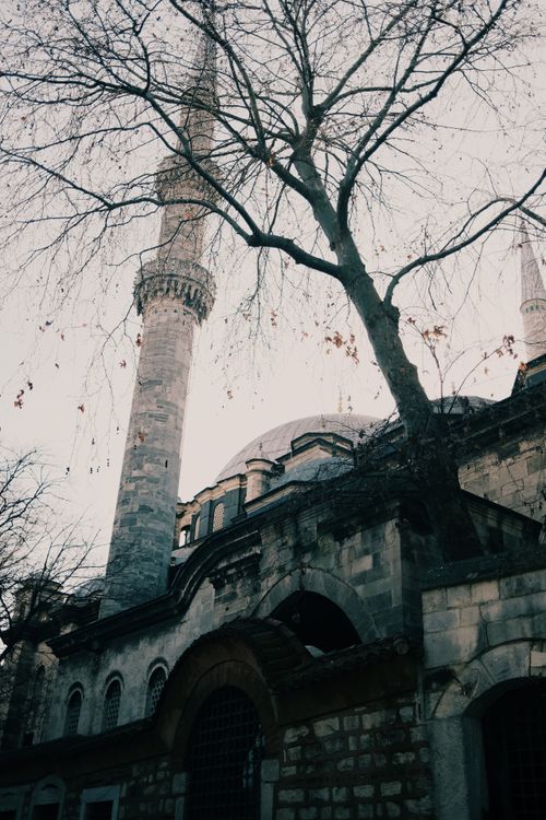 Free A beautiful old mosque with intricate minaret architecture in a winter setting. Stock Photo