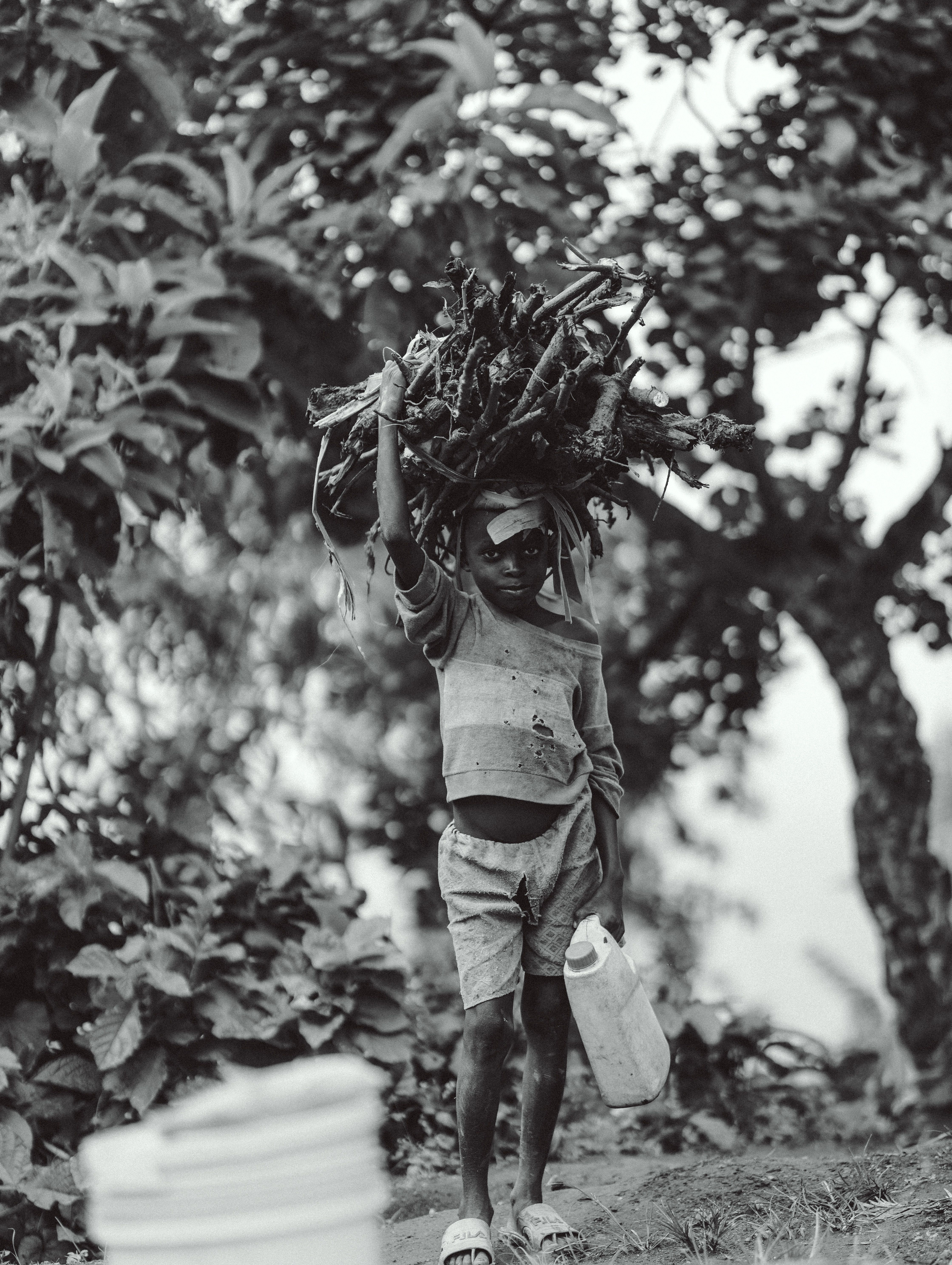 A young boy carries firewood and water through a natural environment, highlighting daily life and resilience.