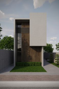 Sleek minimalist modern house exterior with wooden paneling and lush greenery.