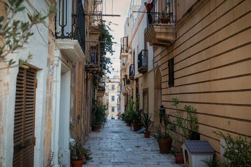 Free Charming narrow alley in Malta showcasing rustic buildings and potted plants. Stock Photo