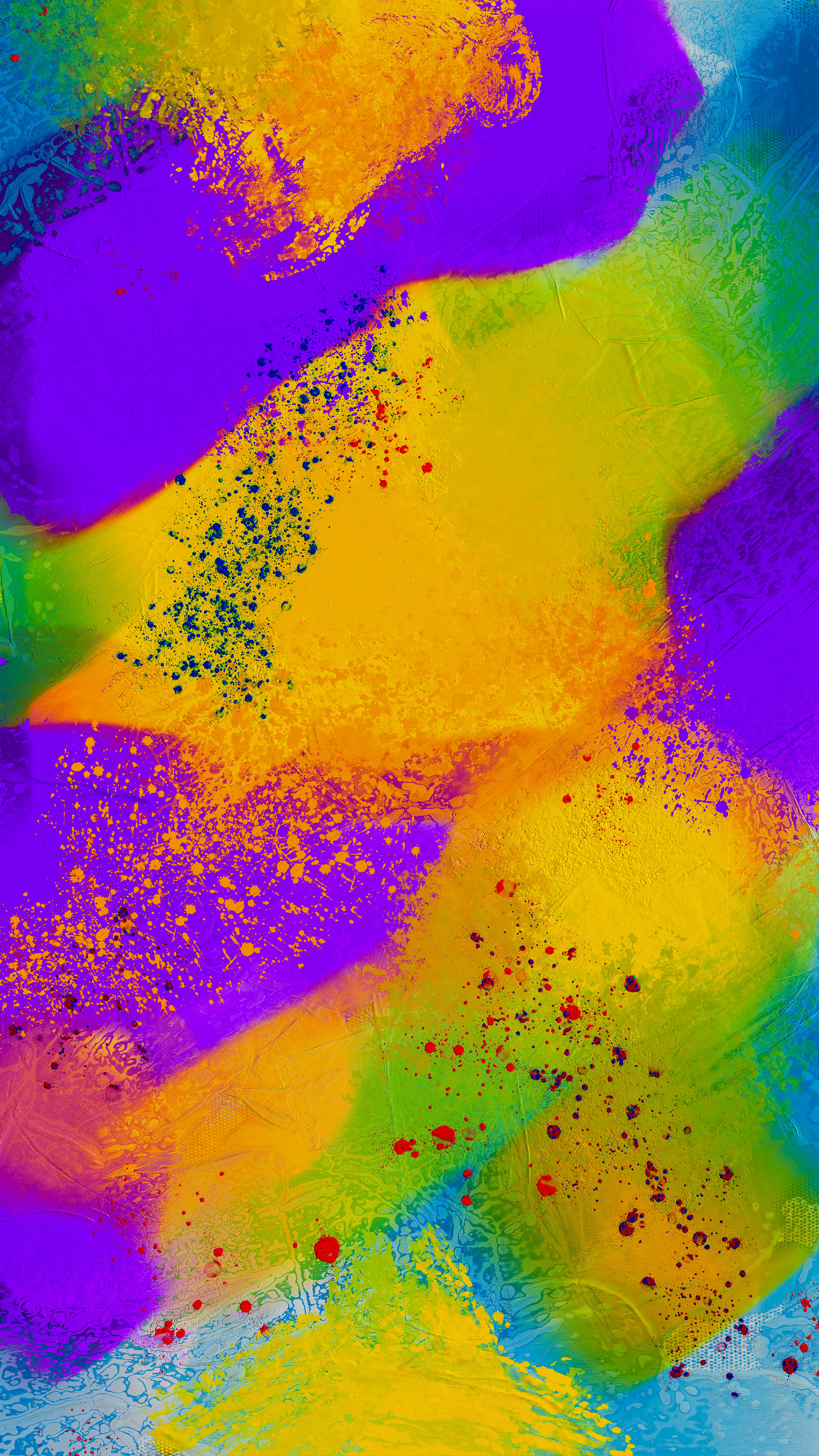A vivid abstract design with colorful paint textures and splatters.