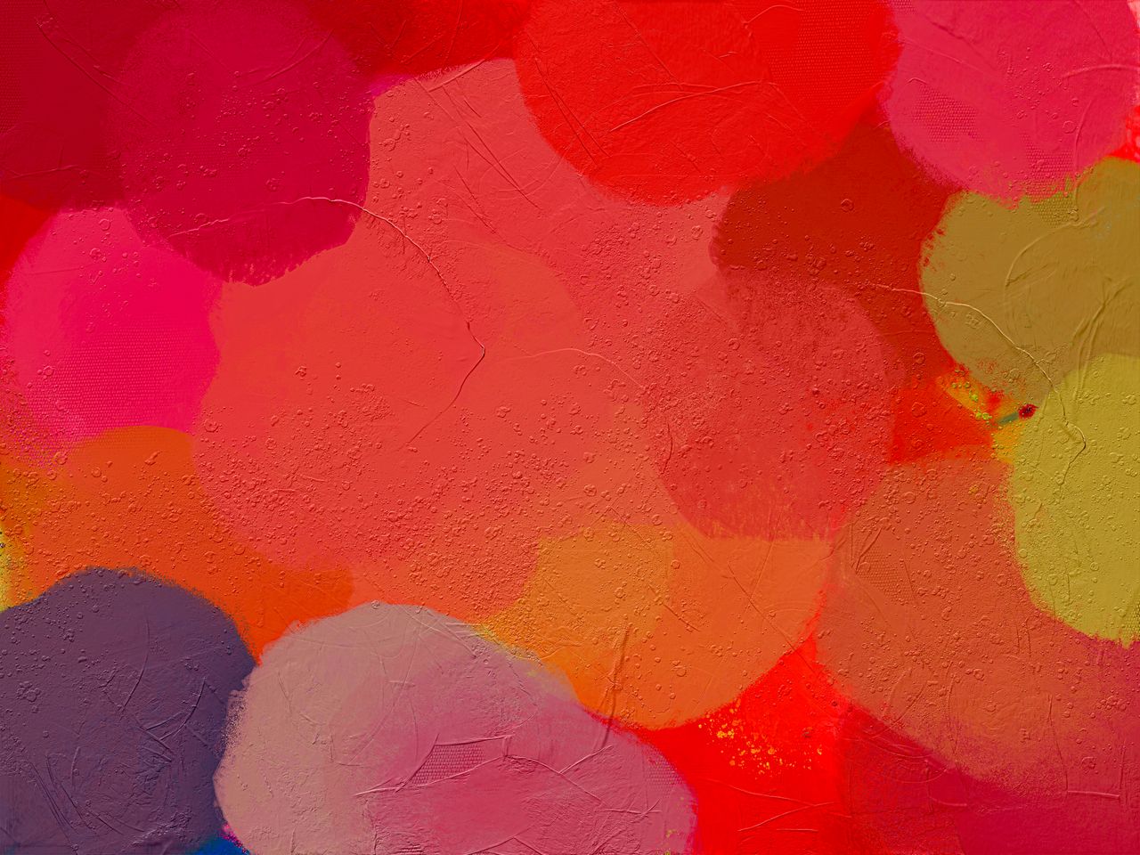 bright and dynamic abstract painting featuring vivid circles and textu