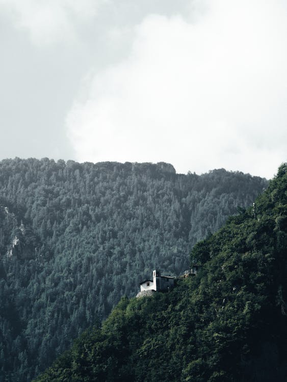 Aerial Photography Of A House On The Edge Of A Mountain Forest Under White Sky