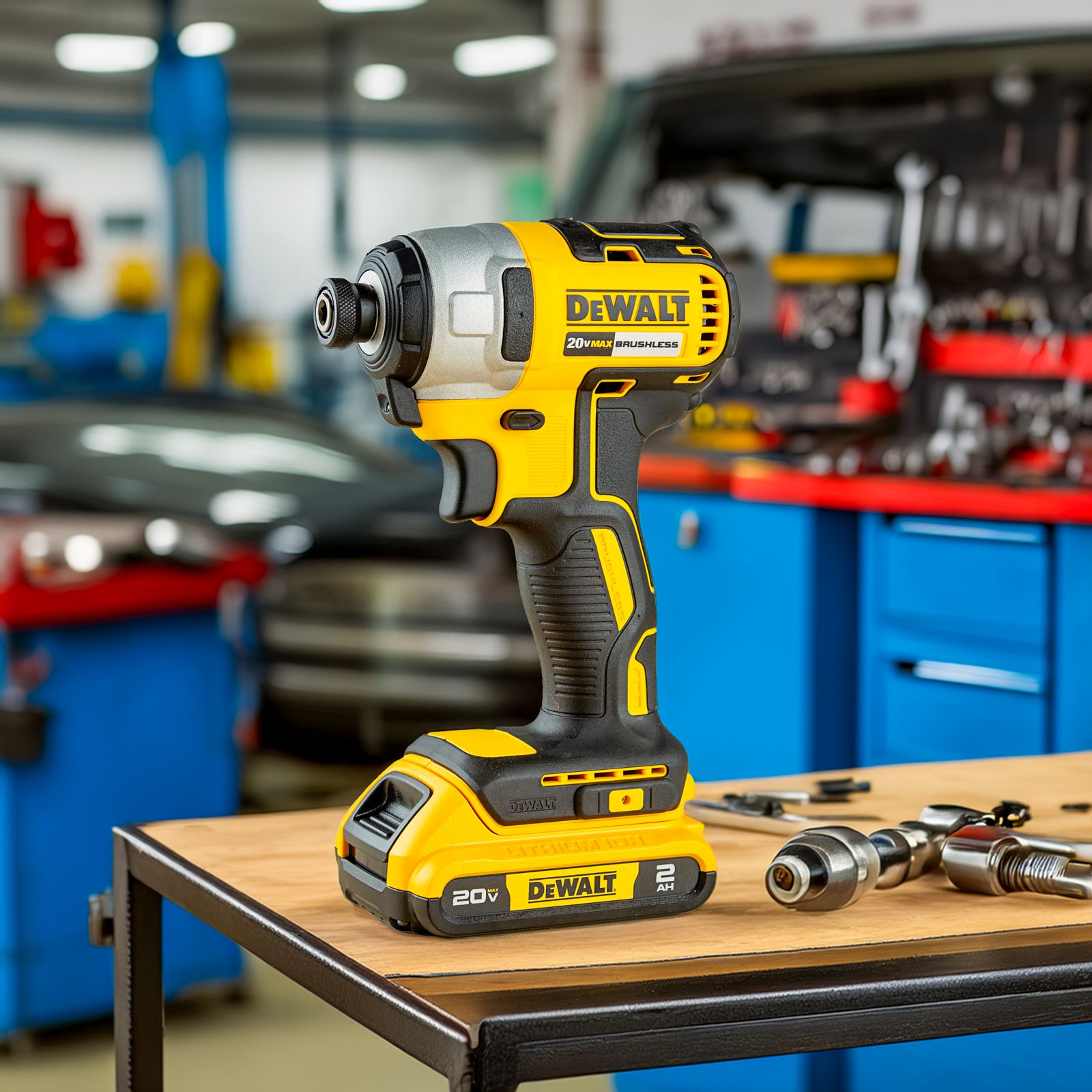 Cordless power tool in a clean, well-equipped automotive workshop