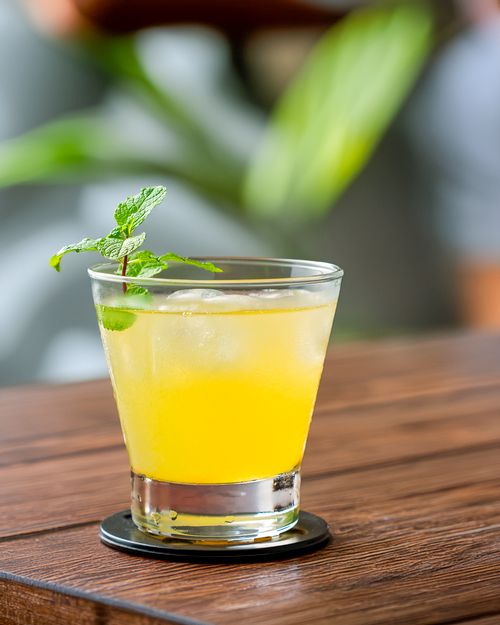 Free Bright citrus cocktail with fresh mint garnish on wooden table, perfect for summer refreshment. Stock Photo
