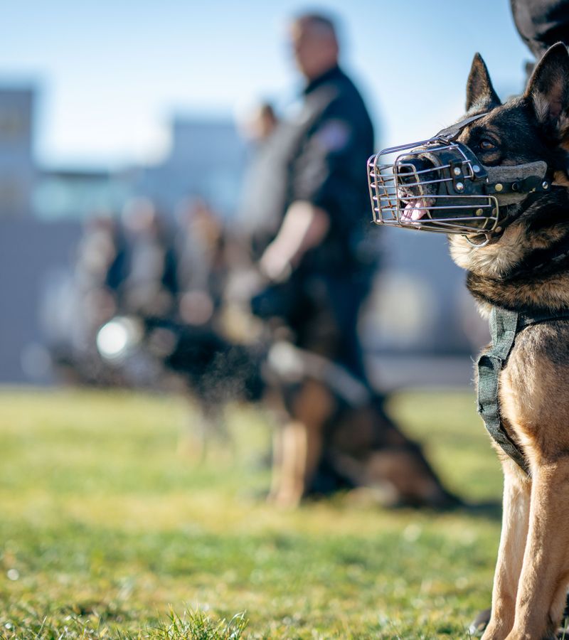 Dog handlers training German Shepherds on a field