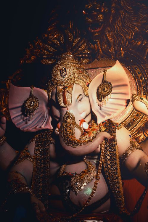 Free Intricately adorned Lord Ganesha statue captured during Ganesh Chaturthi celebration. Stock Photo