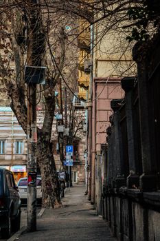 Charming urban street view in Tbilisi, Georgia with trees, architecture, and parked vehicles.