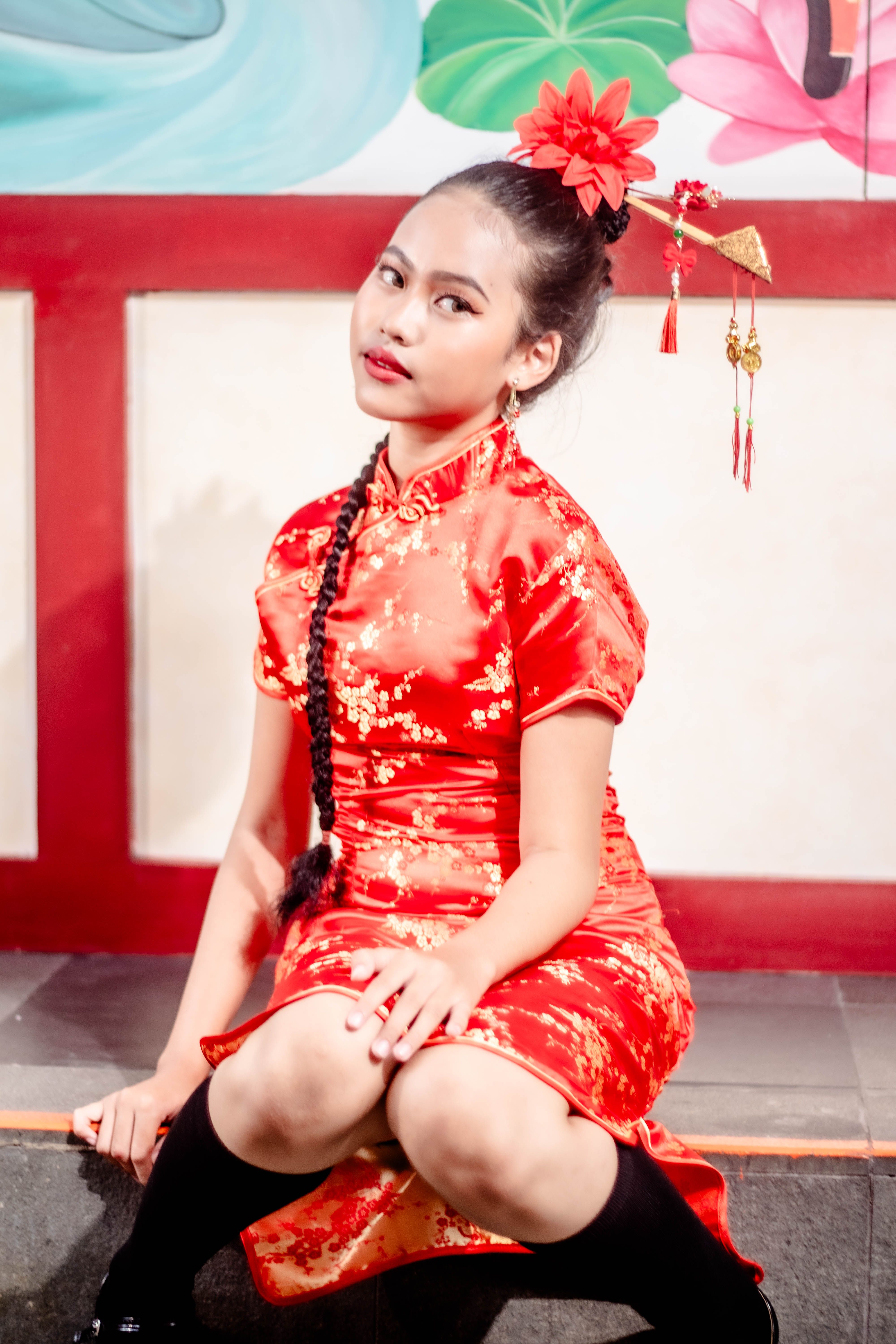 strapless open back dress HanfuRed Nine-Tailed Fox|Tang chest-length Skirt