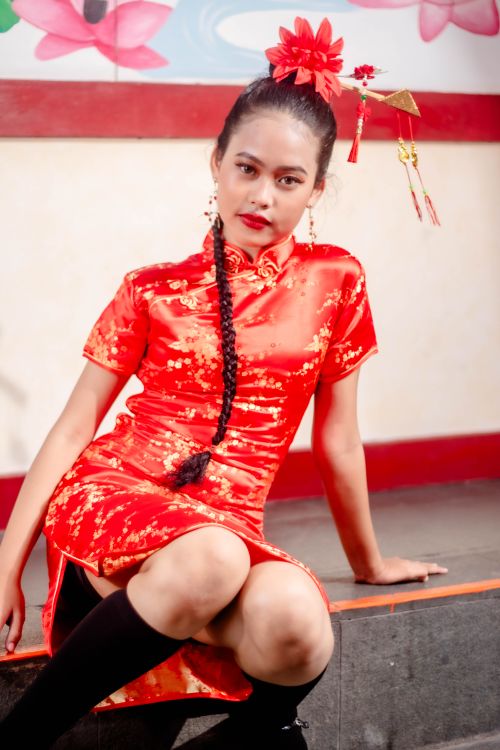 Free A young woman poses in a red cheongsam with floral designs, embodying traditional elegance. Stock Photo