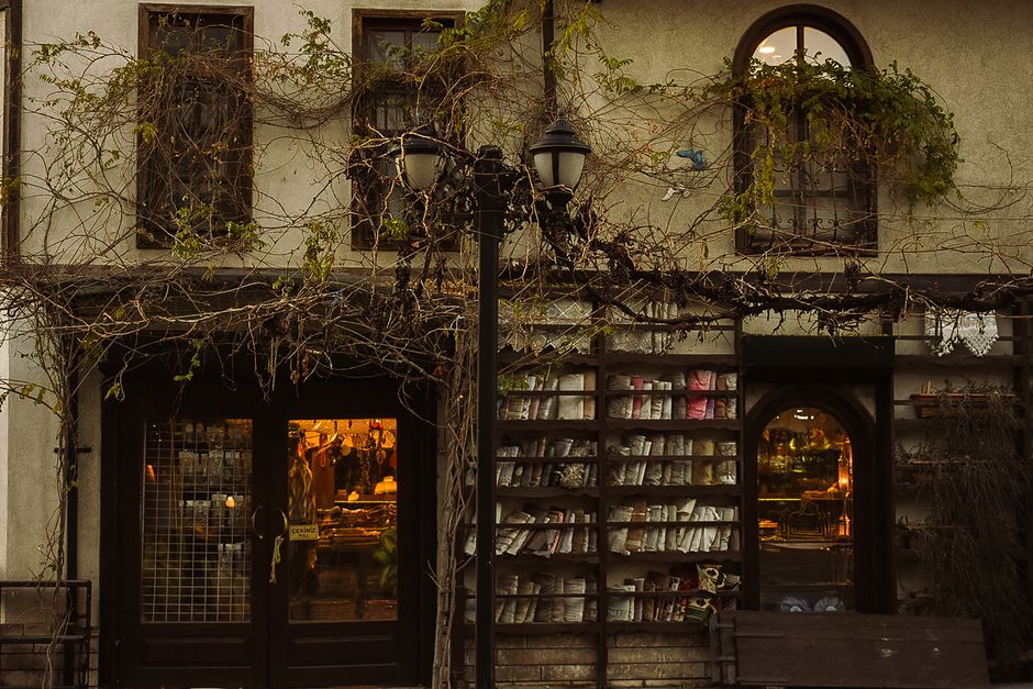 Cozy bookstore with ivy-covered facade on an old street in Ankara, Türkiye.