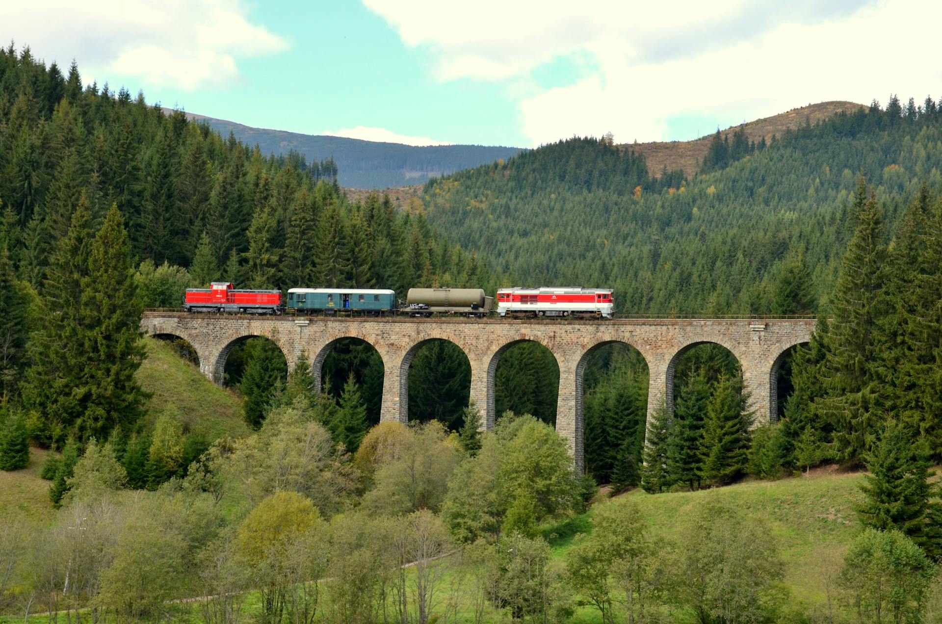 A scenic view of a train on a viaduct amidst lush forests in Telgárt, Slovakia.