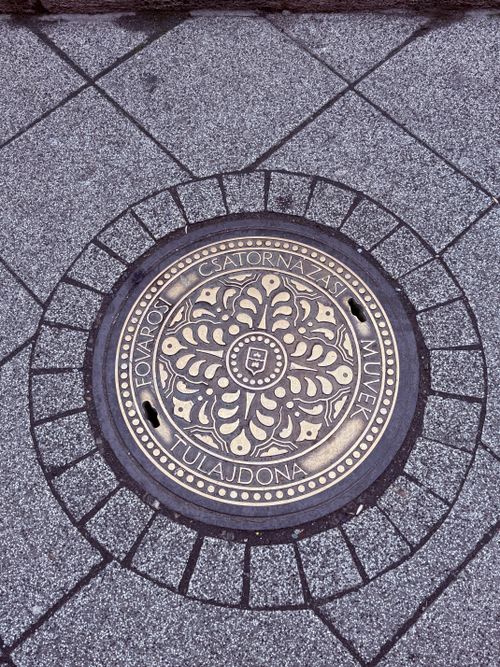 Free An ornate manhole cover in Budapest's historic streets, showcasing intricate design. Stock Photo