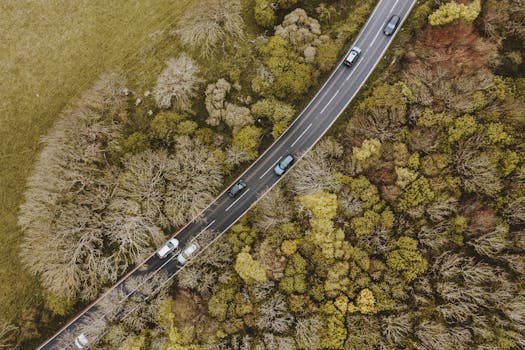 无人机从空中俯瞰，捕捉到车辆沿着蜿蜒道路穿行于郁郁葱葱森林的景象，展现了自然与交通的融合
