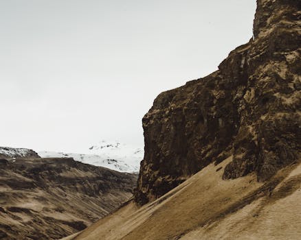 明亮的天空下，崎岖的山脉、引人注目的悬崖和远处白雪皑皑的山峰构成了一幅令人惊叹的景色