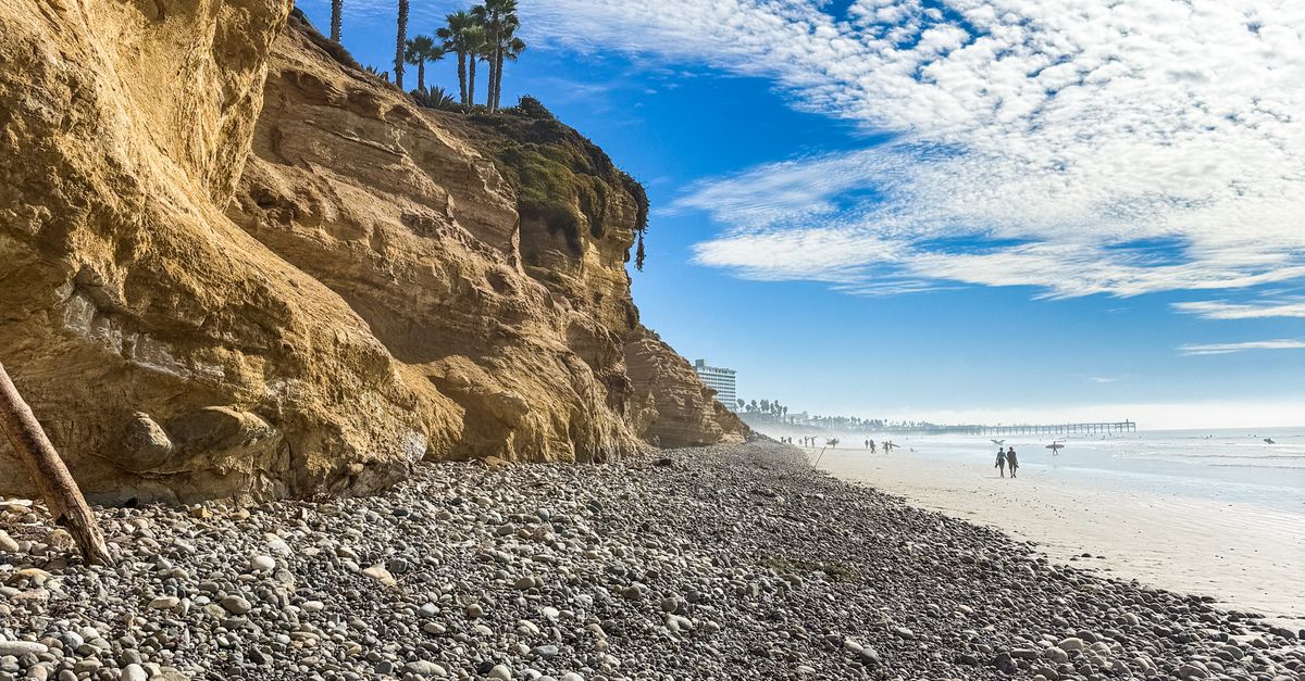 A stunning beach view with cliffs and blue skies in San Diego, California.