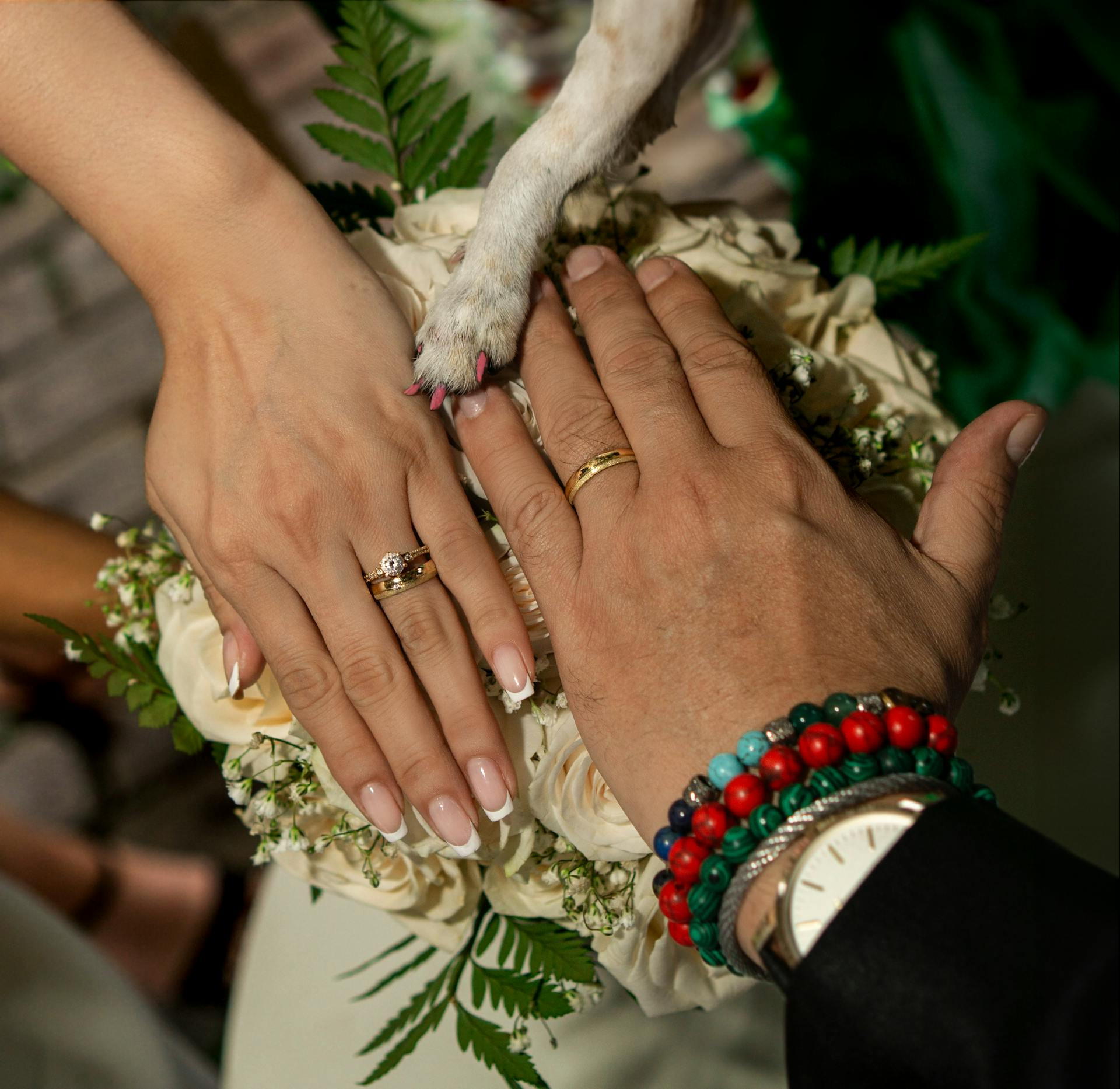 Hands with wedding rings and a dog's paw over a flower bouquet, representing unity and love.